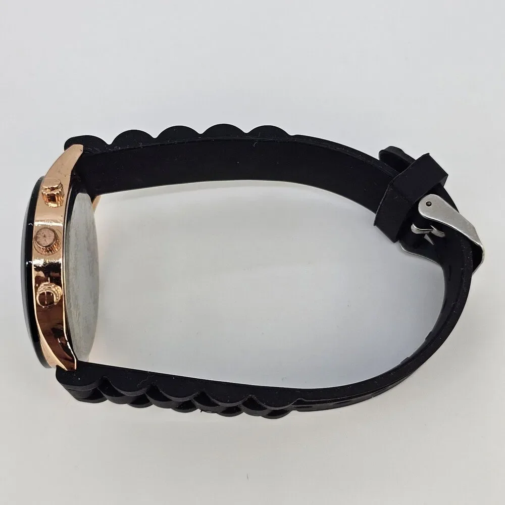 38MM Women's Watch Analog 38MM Black Dial Gold Case Black Plastic Bands New Batt